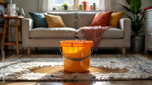 Orange bucket collecting dripping water from ceiling onto a rug in a living room with a sofa in the background