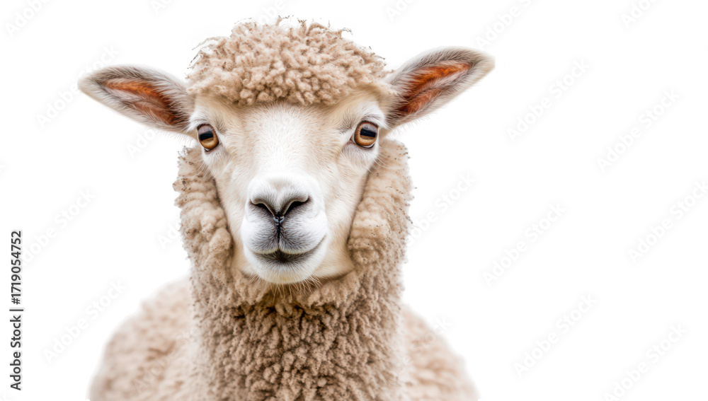 Fototapeta premium A close-up portrait of a fluffy sheep with curly wool and expressive eyes. set against a clean white background. ideal for agricultural themes. nature studies. or animal care content
