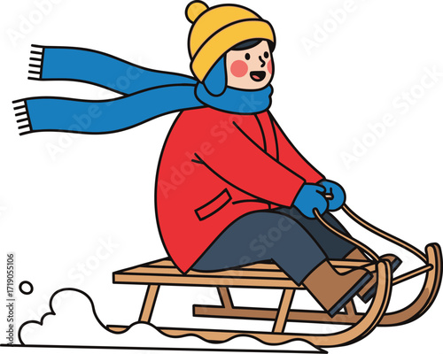 Vector art of child sledding down a snowy hill