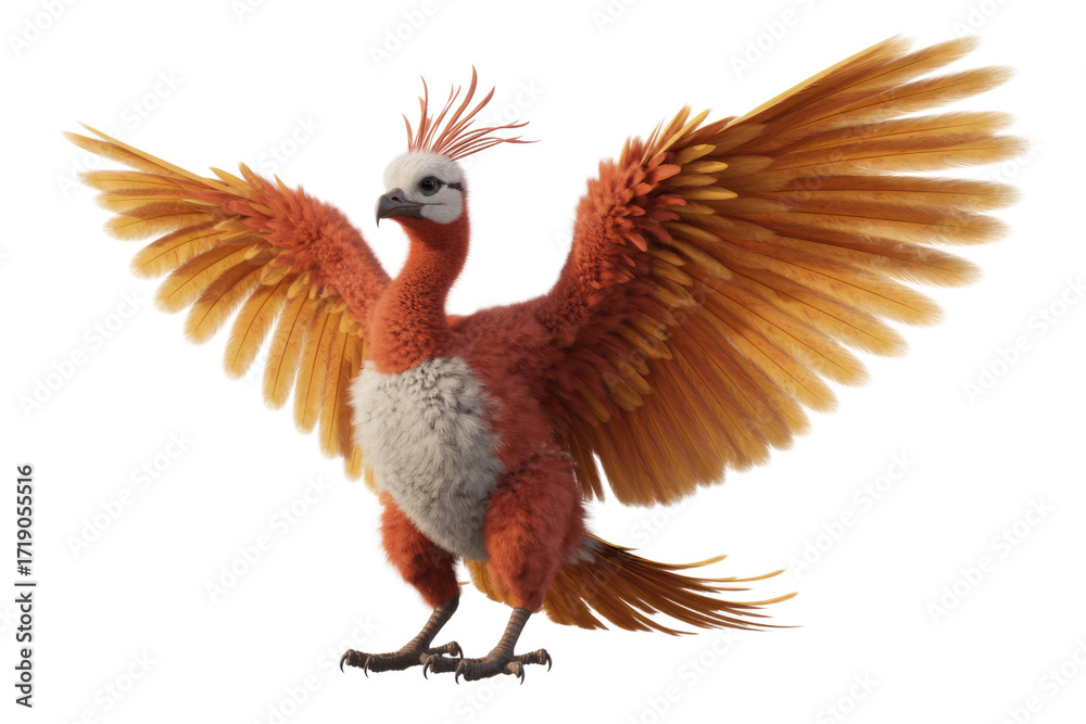 Obraz premium A majestic, orange and white feathered phoenix with large wings, digitally rendered. background removed