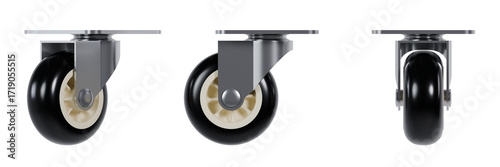Set of trolley wheels 360 degrees, swivel castor, in three views, universal casters, rotating, wheelbarrow, furniture wheels, black, isolated on a transparent background