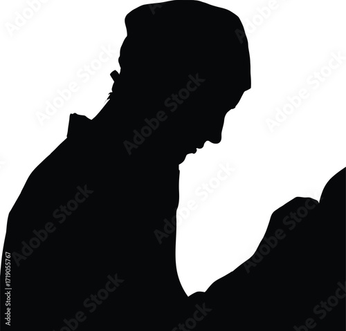 Silhouette of a contemplative person in prayer or deep thought against a image on white background