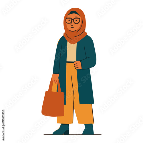 Muslim Woman in Hijab Walking with Tote Bag — Modest Fashion/Diversity & Inclusion Portrait, Flat Vector Illustration