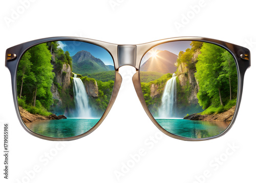 sunglasses reflect waterfall and mountain scene png image on transparent background