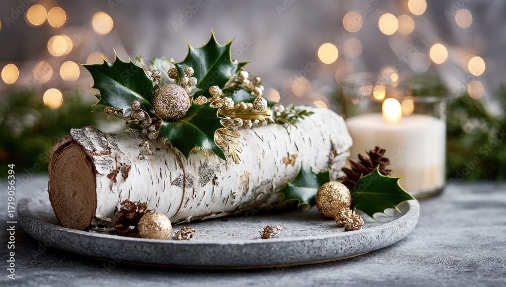 custom made wallpaper toronto digitalFestive log cake, birch bark design, decorated with holly, gold accents, and pine cones