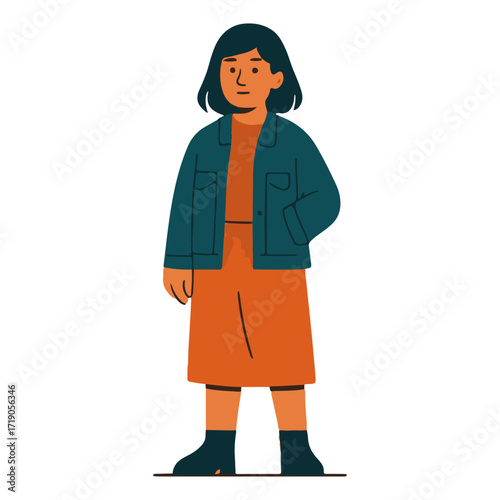 Young Woman in Denim Jacket & Midi Skirt — Trendy Street Fashion Portrait, Blogger/Lookbook Style, Flat Vector