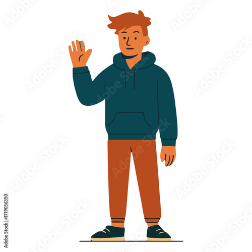 Young Man in Hoodie Waving — Friendly Greeting/Onboarding Character for Apps & Websites, Flat Vector