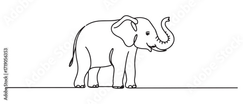 A cute elephant stands up straight. Big animal. World Elephant Day. one line Icon drawing with white background