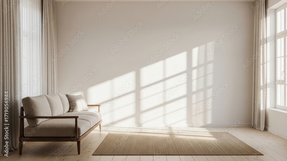 Fototapeta premium Minimalist living room with natural light, wooden accents, and sheer curtains