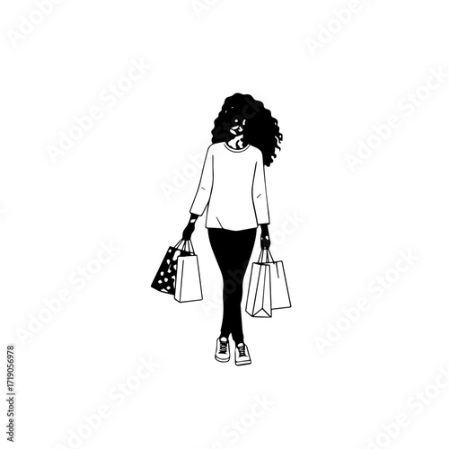 Black and white line art of a beautiful happy woman carrying shopping bags minimalist cheerful illustration