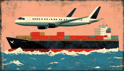 Vintage poster of an airplane and cargo ship