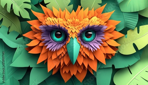Owl head, floral design, tropical leaves