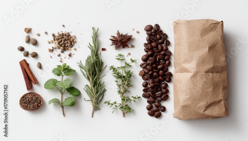 Fototapeta Naklejka Na Ścianę i Meble -  Spices, herbs, and coffee beans arranged on a white surface