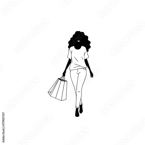 Black and white line art of a beautiful happy woman carrying shopping bags minimalist cheerful illustration