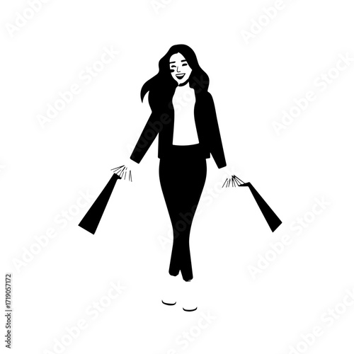 Black and white line art of a beautiful happy woman carrying shopping bags minimalist cheerful illustration