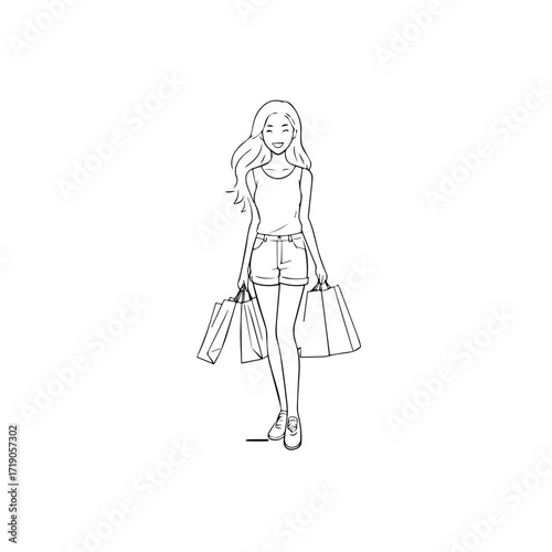 Black and white line art of a beautiful happy woman carrying shopping bags minimalist cheerful illustration