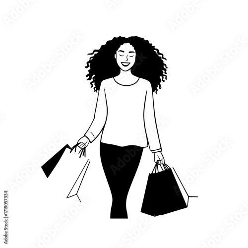 Black and white line art of a beautiful happy woman carrying shopping bags minimalist cheerful illustration