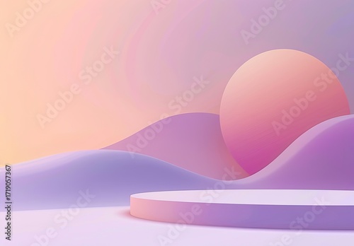 Pastel-colored 3D rendering of a minimalist scene featuring a circular platform, undulating hills, and a large sphere, all bathed in soft, gradient lighting