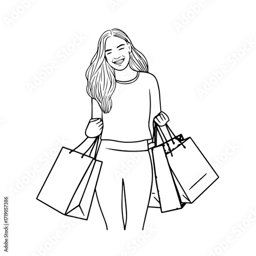 Black and white line art of a beautiful happy woman carrying shopping bags minimalist cheerful illustration