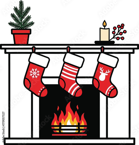 Vector art of christmas fireplace with stockings and burning fire