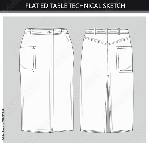 Flat Editable Technical Sketch of a Denim Pencil Skirt, Front and Back Views
