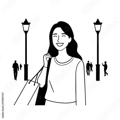 Black and white line art of a beautiful happy woman carrying shopping bags minimalist cheerful illustration