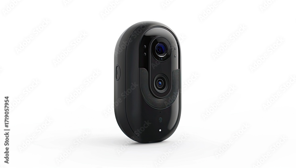Fototapeta premium A sleek, black, oval-shaped security camera with dual lenses, subtly angled, sits on a plain white background, showcasing its modern design and compact form factor