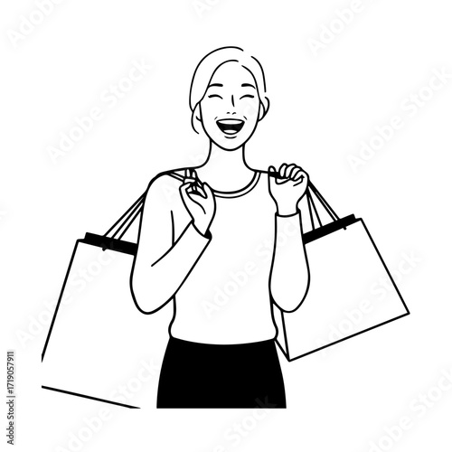 Black and white line art of a beautiful happy woman carrying shopping bags minimalist cheerful illustration