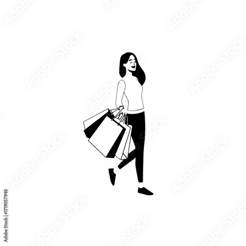 Black and white line art of a beautiful happy woman carrying shopping bags minimalist cheerful illustration