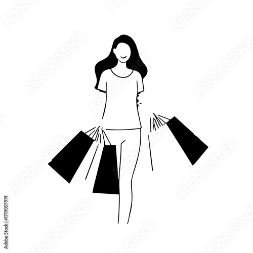 Black and white line art of a beautiful happy woman carrying shopping bags minimalist cheerful illustration