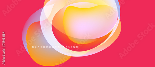 Abstract fluid shapes overlap, creating vibrant orange, pink hues. Background is solid red. Design feels modern, dynamic.