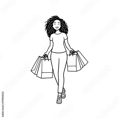 Black and white line art of a beautiful happy woman carrying shopping bags minimalist cheerful illustration