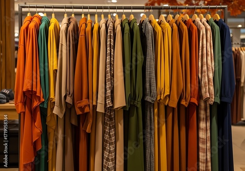 Rack of colorful womens clothing in a clothing store, fashion concept