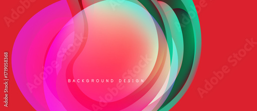Abstract vibrant layers overlap, creating dynamic colorful visual. Red background enhances flowing shapes, modern design element.