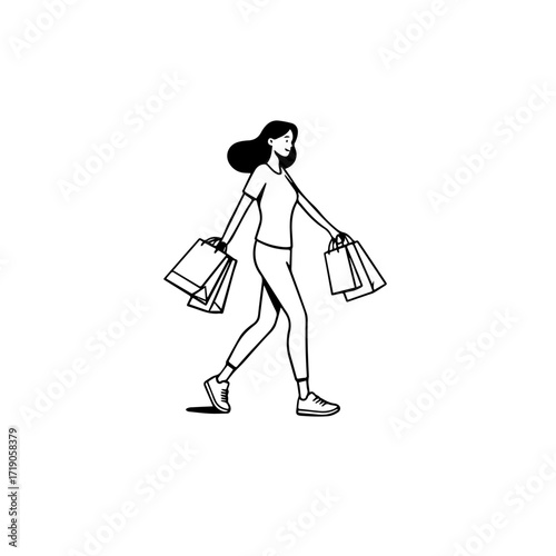 Black and white line art of a beautiful happy woman carrying shopping bags minimalist cheerful illustration