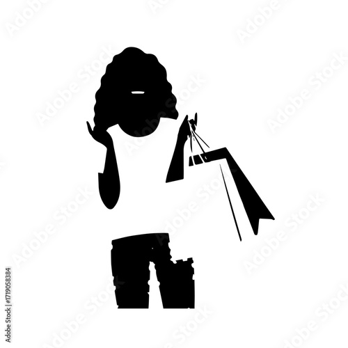 Black and white line art of a beautiful happy woman carrying shopping bags minimalist cheerful illustration