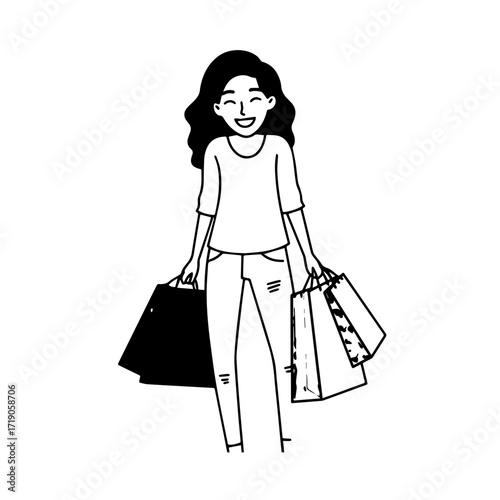 Black and white line art of a beautiful happy woman carrying shopping bags minimalist cheerful illustration