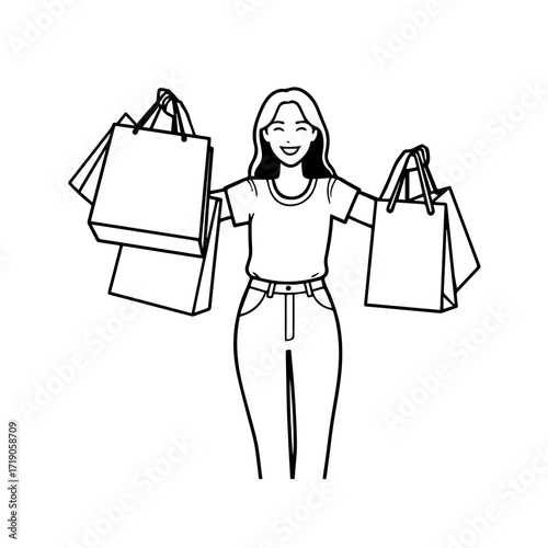 Black and white line art of a beautiful happy woman carrying shopping bags minimalist cheerful illustration