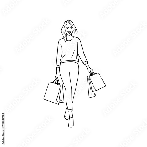 Black and white line art of a beautiful happy woman carrying shopping bags minimalist cheerful illustration