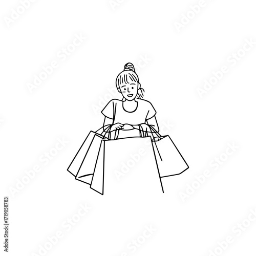 Black and white line art of a beautiful happy woman carrying shopping bags minimalist cheerful illustration