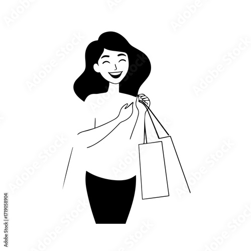 Black and white line art of a beautiful happy woman carrying shopping bags minimalist cheerful illustration