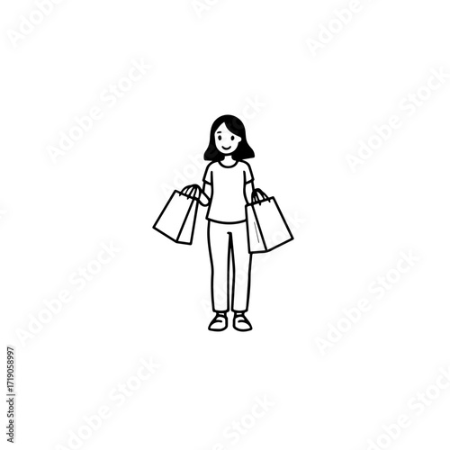 Black and white line art of a beautiful happy woman carrying shopping bags minimalist cheerful illustration