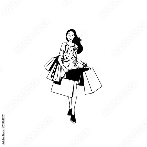 Black and white line art of a beautiful happy woman carrying shopping bags minimalist cheerful illustration