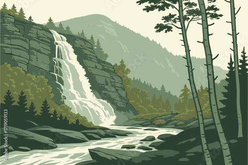 Arethusa Falls in White Mountains, New Hampshire, tallest in the state, dropping 140 feet surrounded by birch forest