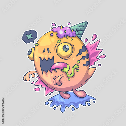 A quirky, colorful monster with a party hat, big eyes, and a playful expression, standing on a splash. Cartoon vector character. Trendy style. Vector illustration.