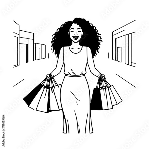Black and white line art of a beautiful happy woman carrying shopping bags minimalist cheerful illustration