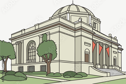 Asian Art Museum in San Francisco, California, stately Beaux-Arts structure with colorful banners