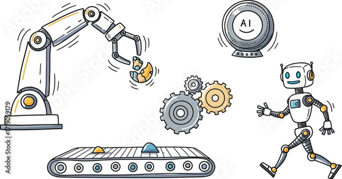 Illustration of a robotic arm assembling a product with ai monitor and a robot walking nearby