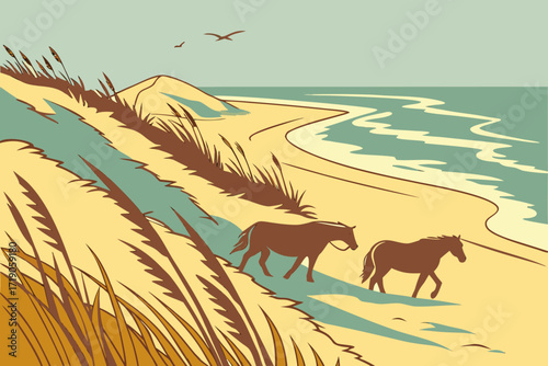 Assateague Island Beach in Maryland, wild ponies wandering along sandy dunes and surf
