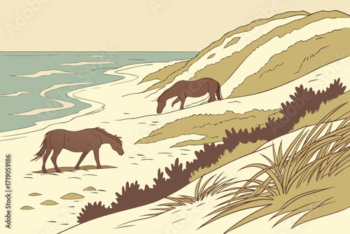 Assateague Island in Maryland–Virginia, wild ponies roaming beaches and windswept dunes